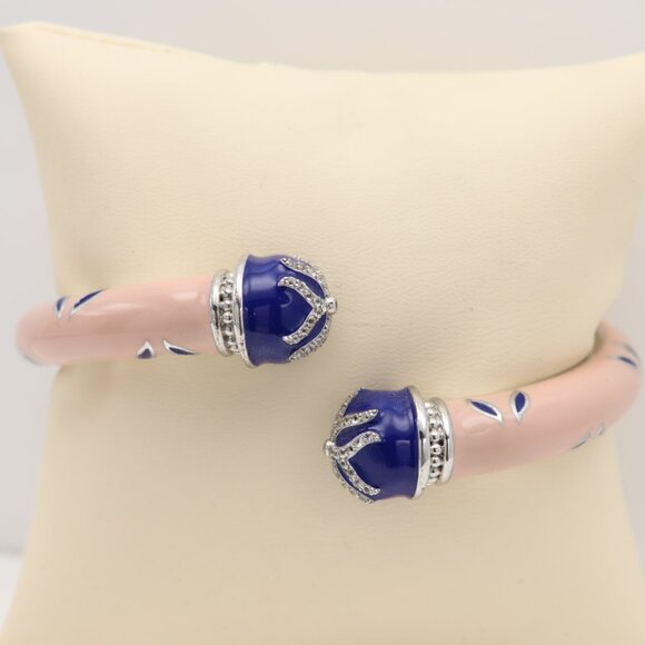 Sterling Silver Large Bangle Cuff Bracelet Pink and Blue Enamel Quartz stones - Picture 5 of 9